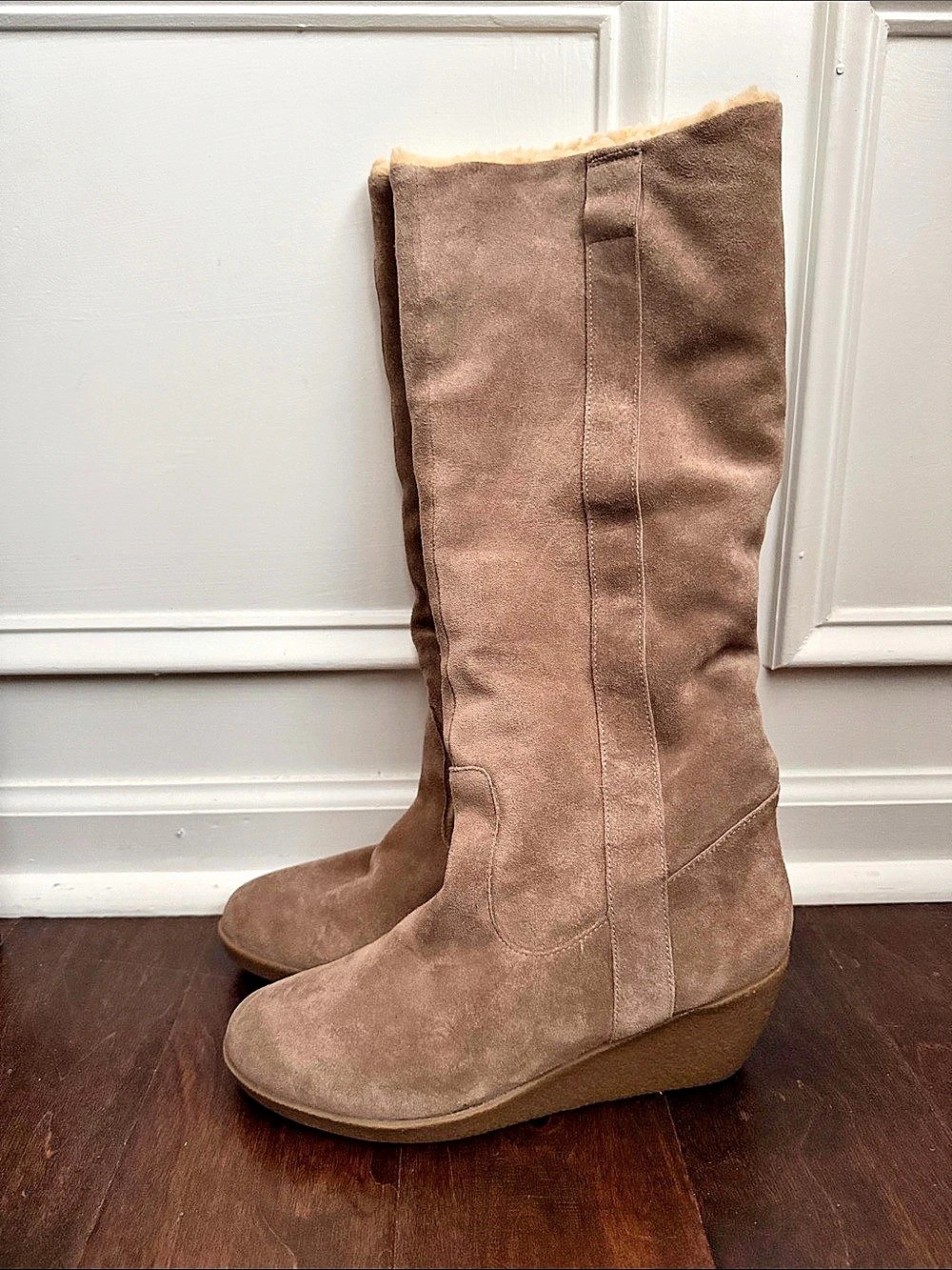 LOFT Women's Tall Wedge Boots in Brown suede Leather faux fur Sherpa 10